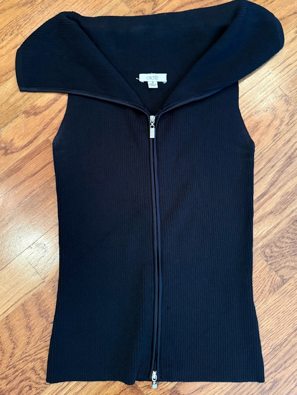 Cache Black Zip-Front Ribbed Sleeveless Sweater
